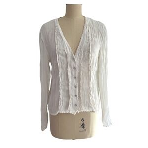 Le Caviar White Lace Romantic Sheer Trim V-Neck Button Up Blouse Shirt Top L